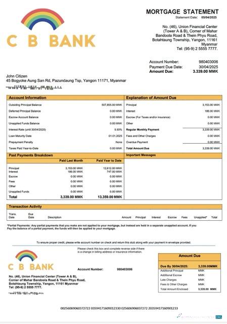 Download Myanmar CB Bank mortgage statement Word and PDF template Photoshop template